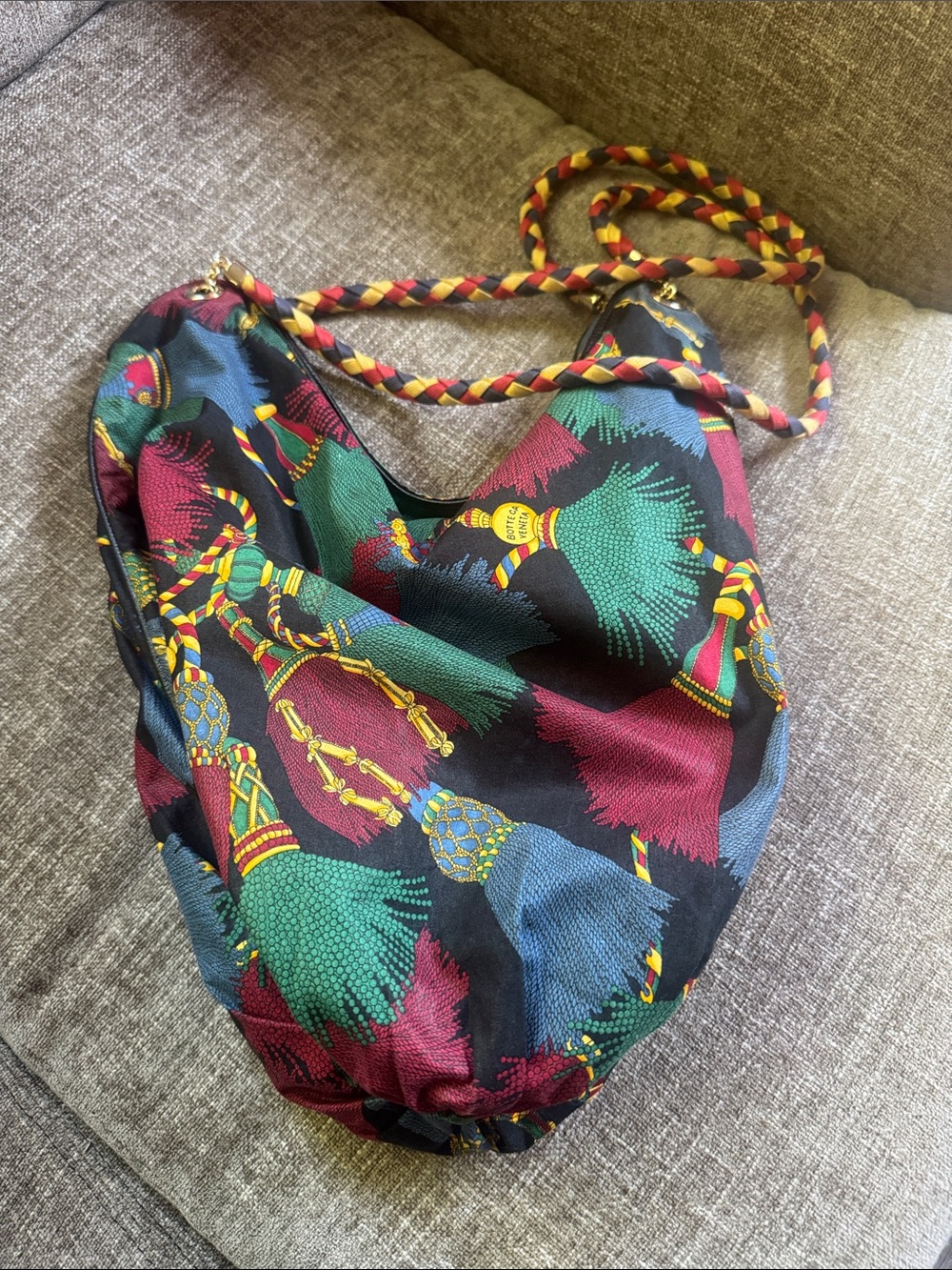 Vintage Bottega Veneta Black Hobo Bag with Multicolor Tassel Print